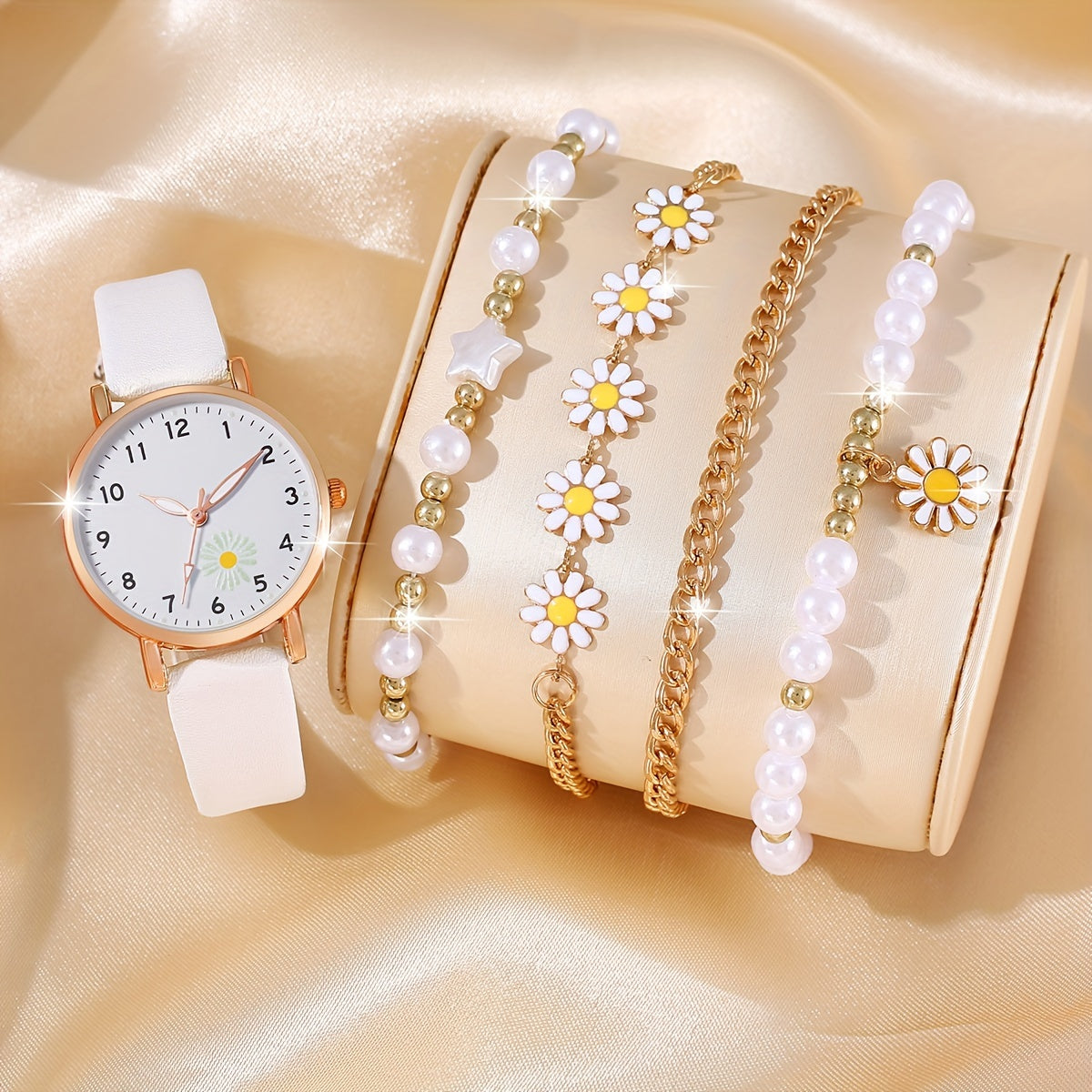 1pc Women'S Boho Round Analog-Digital Quartz Watch, Faux Leather Strap with Flower Details, Non- Alloy Case, Button Battery (Diameter <20mm), with 4pcs Holiday Daisy Bracelet Watch Set for Women